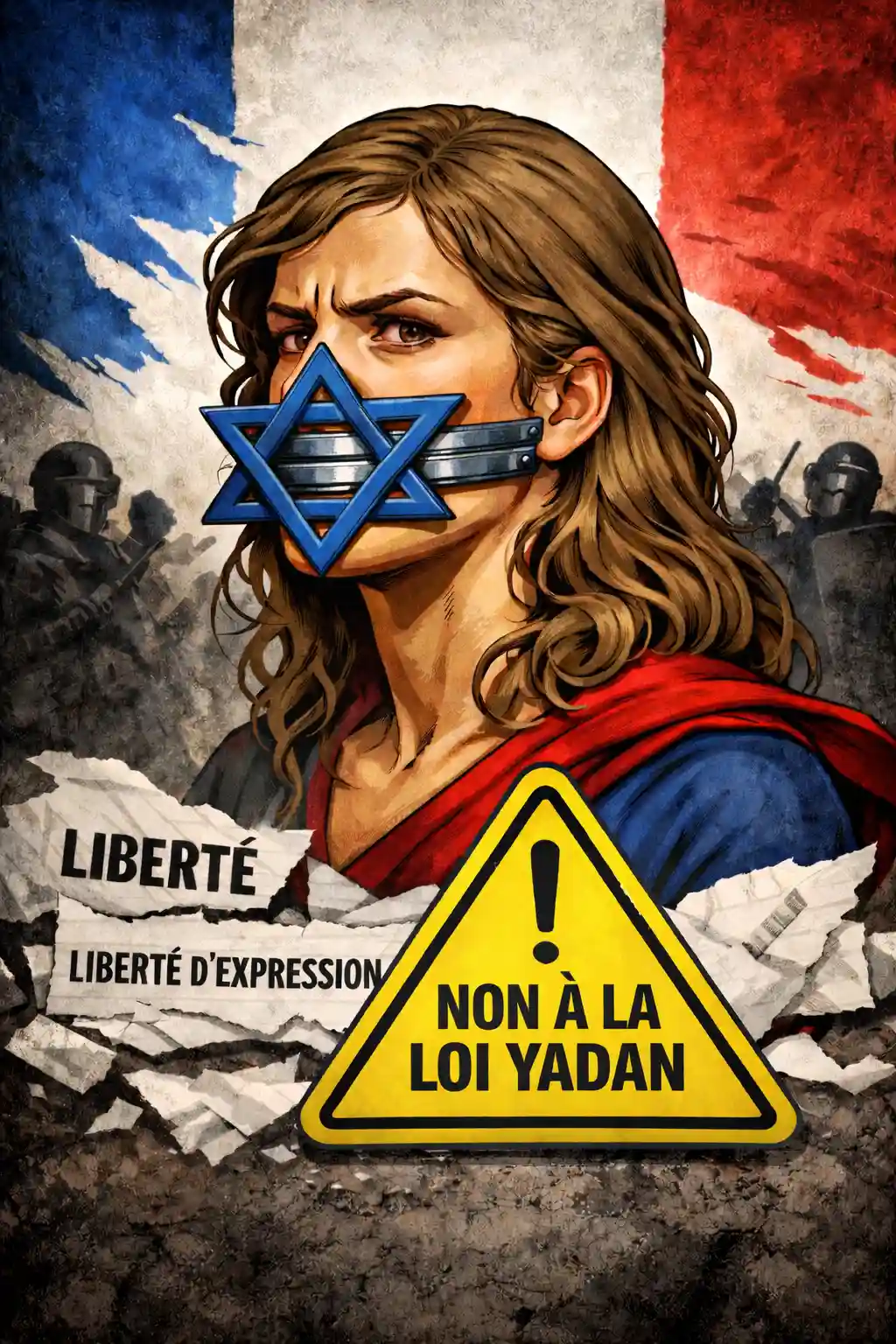 Cette illustration puissante met en scène Marianne, symbole de la République française, représentée avec un regard déterminé mais réduite au silence. Derrière elle, le drapeau français déchiré et la présence de forces de l’ordre évoquent un climat de tens